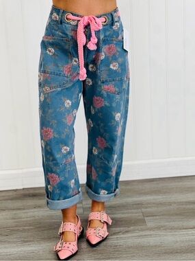 Eesome Floral Print Blue Denim Jeans with Pink Drawstring